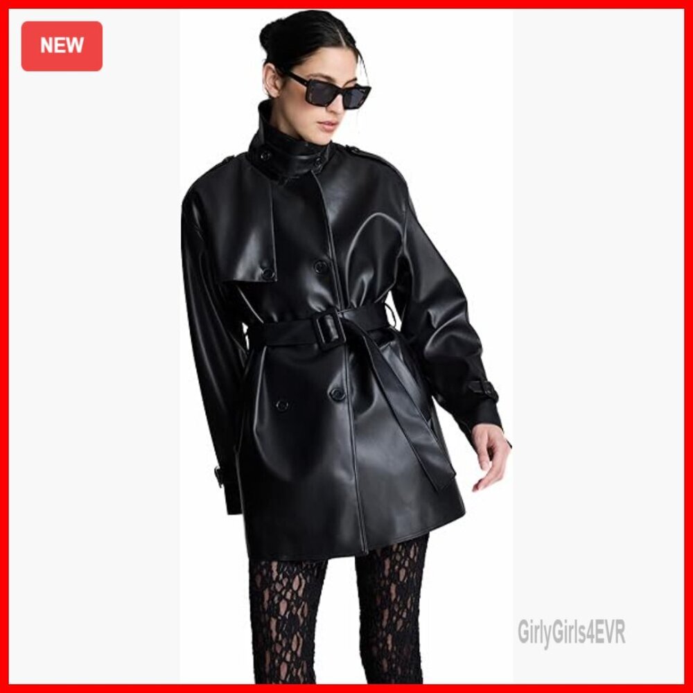 Faux Leather Double Breasted Trench Coat Blazer Tailored Fit Professional